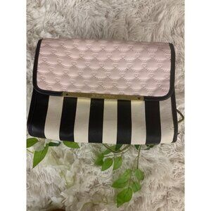 Betsey Johnson Pink Quilted & Black/White Striped Clutch With Bold Pink Lining